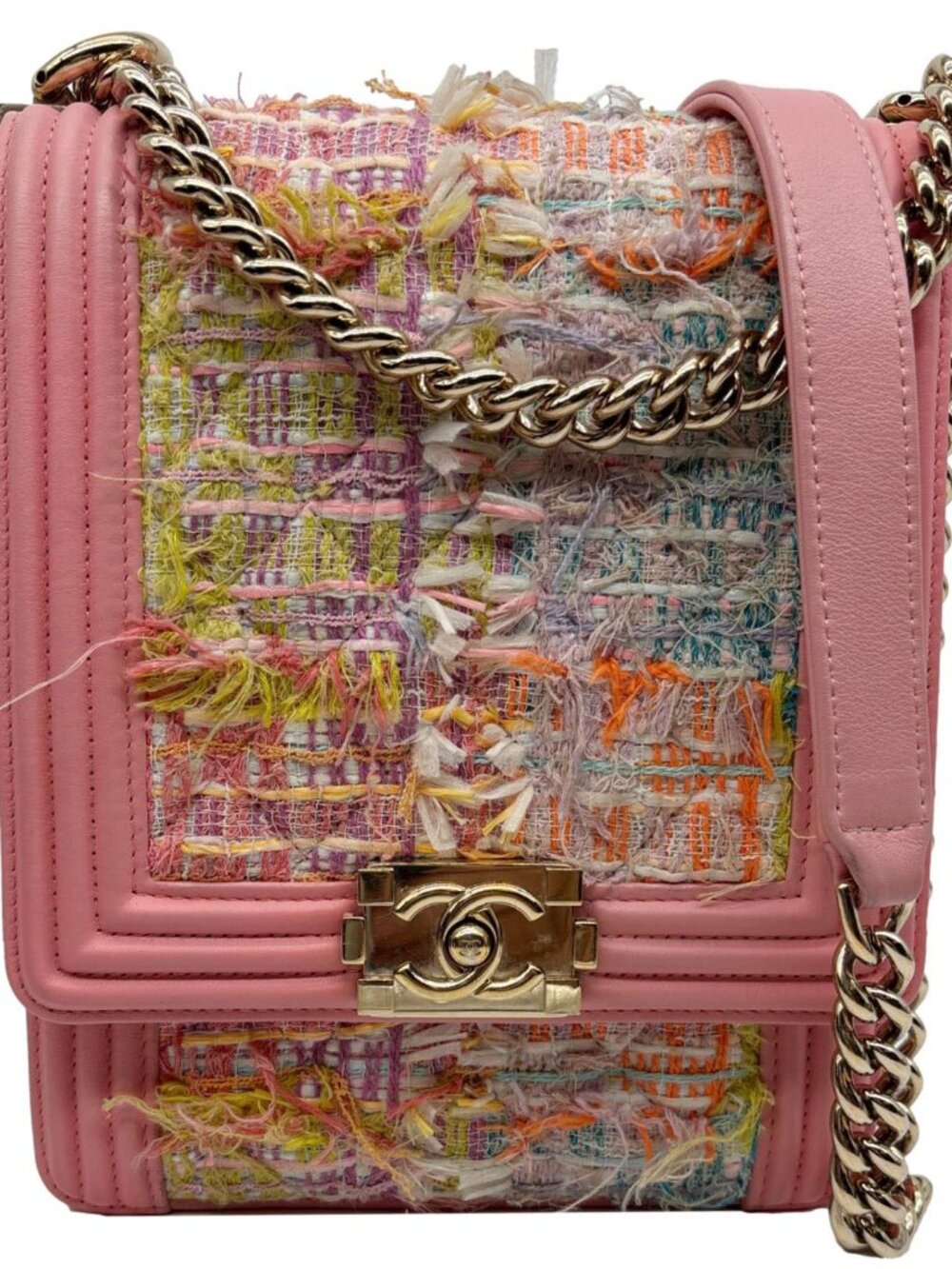 Chanel  Boy Flap North South Tweed Shoulder Bag Pink